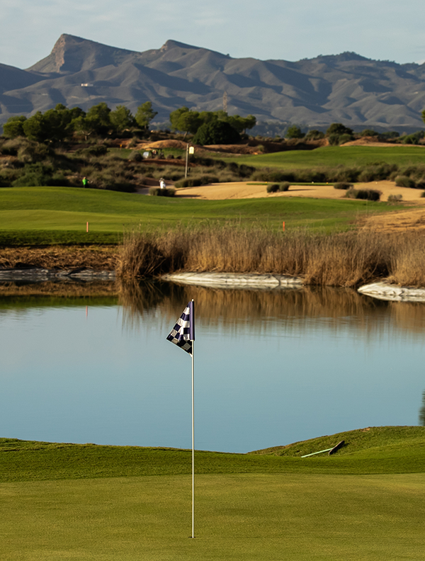 La bendera de alhama Signature sobre un lago en el hoyo 18 fotografiado por Juan Cánovas