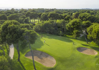 "Primer plano de un green perfectamente segado en El Saler, mostrando la textura del césped y las ondulaciones técnicas del diseño original."